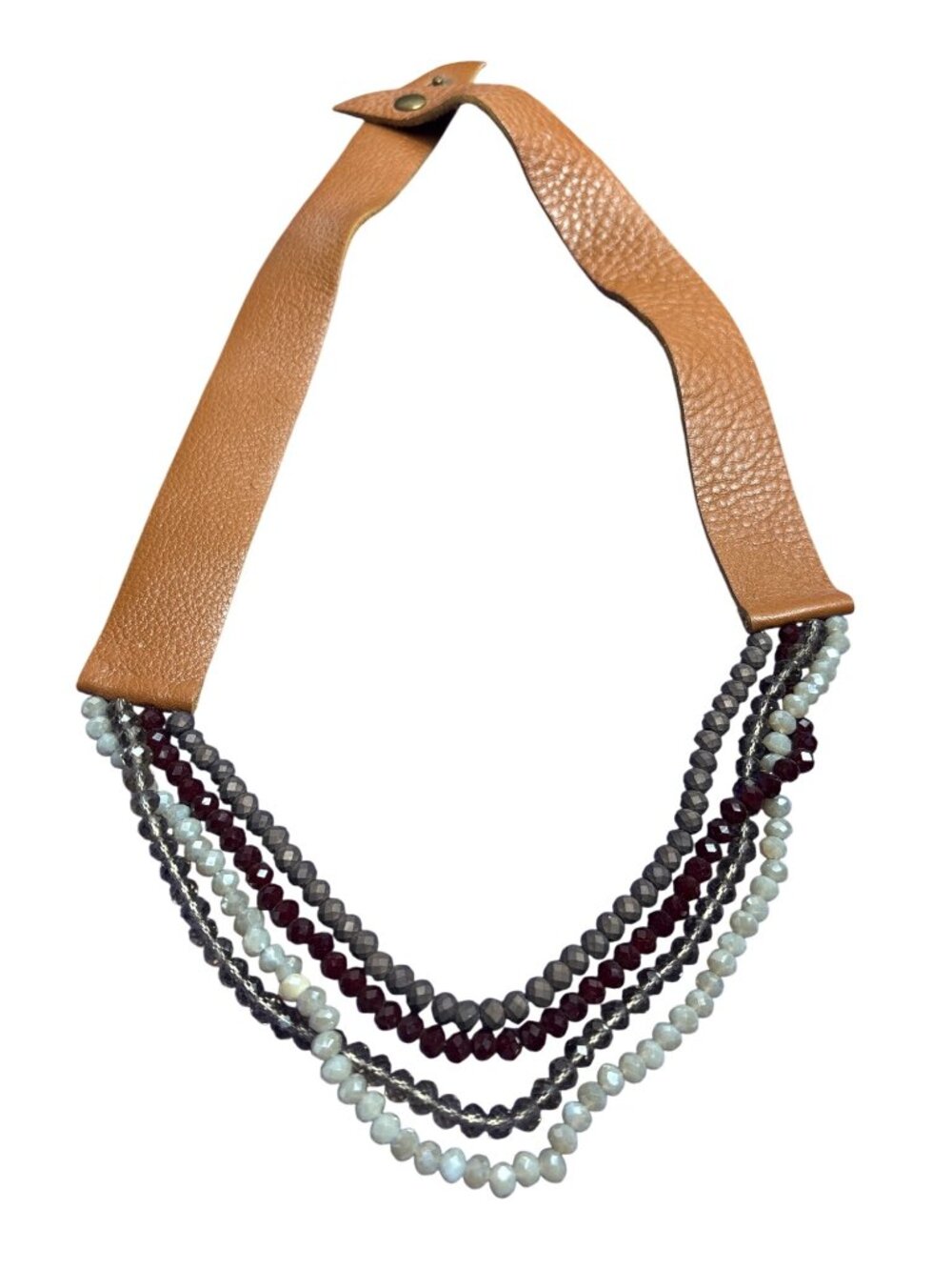 Brown Leather Necklace Multi Strand Multicolor Faceted Glass Beaded 24 - 25 inch